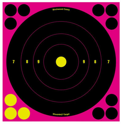 Birchwood Casey 34808 Shoot-N-C Reactive Target Self-Adhesive Paper Black/Pink 8″ Bullseye 6 Pack