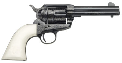 Taylors & Company 200056 1873 Cattleman Outlaw Legacy 45 Colt (LC) Caliber with 4.75″ Barrel, 6rd Capacity Cylinder, Overall Blued Engraved Finish Steel & Ivory Synthetic Grip