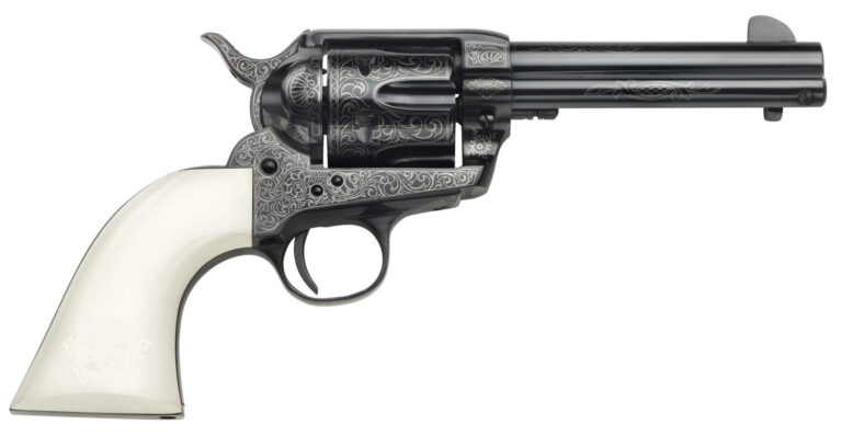 Taylors & Company 200056 1873 Cattleman Outlaw Legacy 45 Colt (LC) Caliber with 4.75" Barrel, 6rd Capacity Cylinder, Overall Blued Engraved Finish Steel & Ivory Synthetic Grip