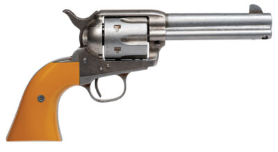 Cimarron RS410 Hollywood Series Rooster Shooter 45 Colt (LC) 6 Shot, 4.75″ Trail Worn Blued Steel Barrel, Cylinder & Frame, Wide Front Sight, Aged-Looking Orange Finger Grooved Grip