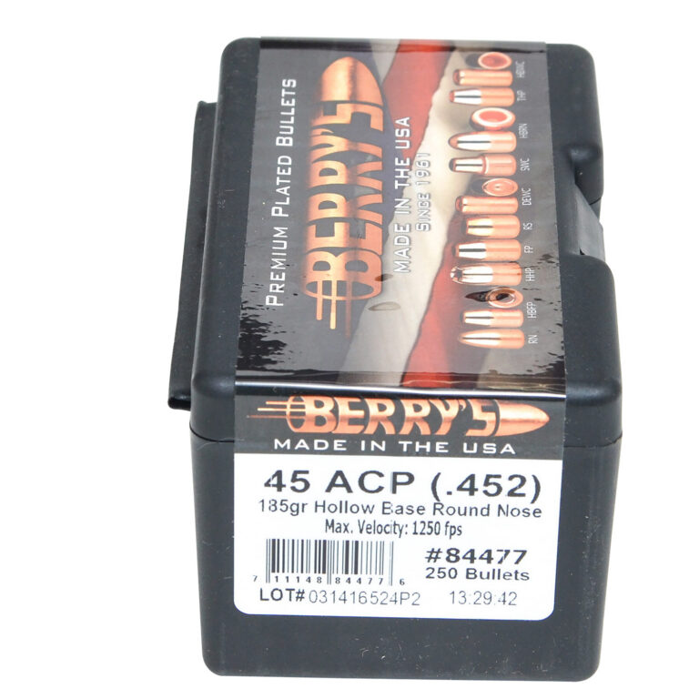 PLATED 45 CALIBER (0.452'') BULLETS 45 ACP (.452'') 185GR HOLLOW BASE ROUND NOSE 250/BOX