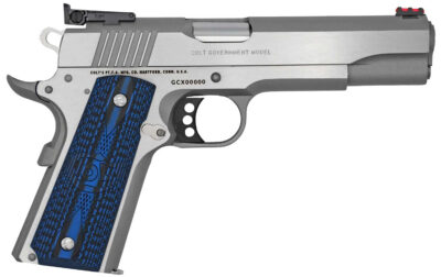 Colt Mfg O5073GCL Gold Cup Lite  38 Super 8+1 5″ Stainless National Match Barrel, Stainless Steel Serrated Slide, Stainless Steel Frame w/Beavertail, Blue Scalloped G10 Grip, Ambidextrous