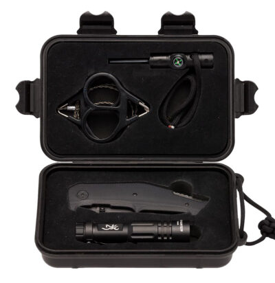 Browning 3220288 Outdoorsman Survival Kit 3.50″ Folding Drop Point Plain Black Stonewashed 8Cr13MoV SS Blade/Black G10 Handle Includes Storage Case/Flashlight/Wire Saw/Fire Flint/Compass/Whistle