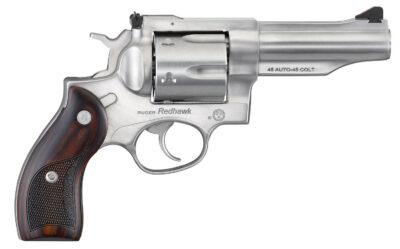 Ruger 5050 Redhawk  45 ACP/45 Long Colt 6rd, 4.20″ Satin Stainless Steel Barrel, Cylinder & Frame, Lasered Hardwood Grip, Exposed Hammer