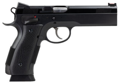 CZ-USA 91731 A01-LD  Full Size Frame 9mm Luger 19+1 4.93″ Black Match Grade Bull Barrel, Blued Serrated Steel Slide, Blued Steel Frame w/Beavertail, Black Checkered Polymer Grip