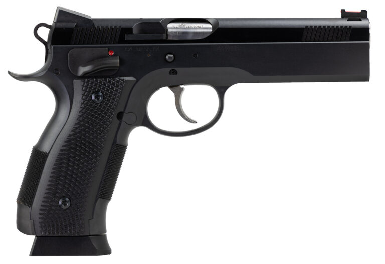 CZ-USA 91731 A01-LD  Full Size Frame 9mm Luger 19+1 4.93" Black Match Grade Bull Barrel, Blued Serrated Steel Slide, Blued Steel Frame w/Beavertail, Black Checkered Polymer Grip