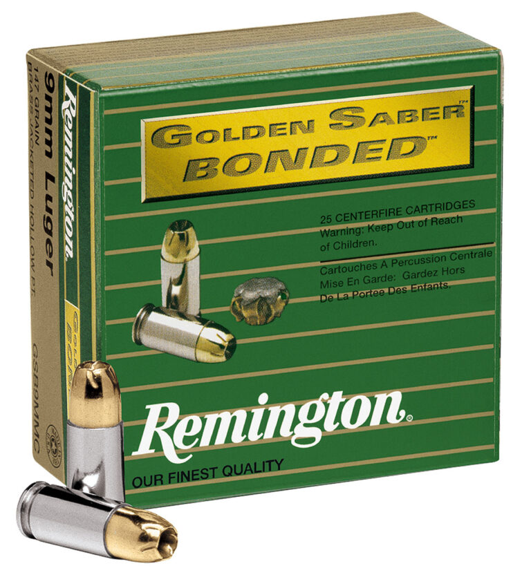 Remington Ammunition 29343 Golden Saber Bonded  9mmLuger 147gr Bonded Brass Jacketed Hollow Point 20 Per Box/25 Case
