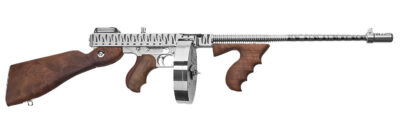 Thompson T150DCRTS 1927A-1 Deluxe 45 ACP Caliber with 16.50″ Barrel, 20+1 Capacity (Stick), 50+1 Capacity (Drum), Hard-Chrome w/Tiger Stripe Metal Finish, American Walnut Stock Wood Grip Right Hand