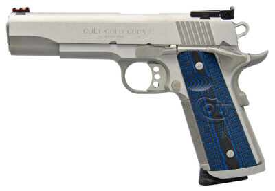 Colt Mfg O5073XE Gold Cup Trophy 38 Super 9+1 5″ Stainless National Match Barrel, Stainless Steel Serrated Slide & Frame w/Beavertail, Blue Scalloped G10 Grip, Ambidextrous