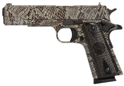 Iver Johnson Arms 1911A1COPPERHEAD 1911 A1 Copperhead 45 ACP 8+1 5″ Black Steel Barrel, Tan Snakeskin Hydrographic Serrated Steel Slide & Frame w/Beavertail, Black Snakeskin Diamondwood Grip