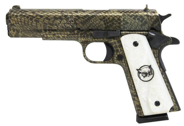 Iver Johnson Arms 1911A1WATERMOCCASIN 1911 A1 Water Moccasin 45 ACP 8+1 5" Black Steel Barrel, Green Snakeskin Hydrographic Serrated Steel Slide & Frame w/Beavertail, White Synthetic Pearl Grip