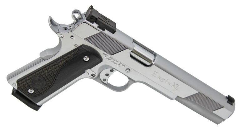 Iver Johnson Arms EAGLEXLC45 Eagle XL 45 ACP 8+1 6" Steel Barrel, Bright Chrome High Polished Long/Serrated Steel Slide & Frame w/Beavertail, Diamondwood Walnut w/Integrated Logo Grip, Right Hand