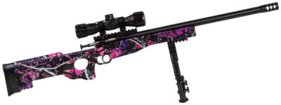 Crickett KSA2148 Precision Package 22 LR Caliber with 1rd Capacity, 16.12″ Bull Barrel, Blued Metal Finish & Fixed Thumbhole Muddy Girl Synthetic Stock Right Hand (Youth) Includes Scope & Bipod