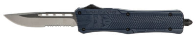 CobraTec Knives MNYCTK1MDS CTK-1  Medium 3″ OTF Drop Point Part Serrated D2 Steel Blade/NYPD Blue Aluminum Handle Features Glass Breaker Includes Pocket Clip