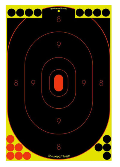 Birchwood Casey 34603 Shoot-N-C Reactive Target Self-Adhesive Paper Black/Yellow/Red 12″x18″ Oval Silhouette 100 Pack
