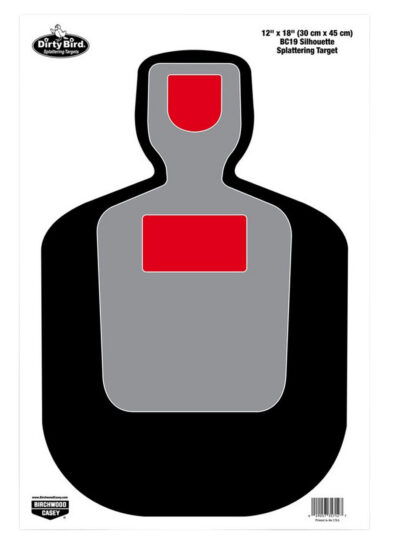 Birchwood Casey 35712 Dirty Bird BC-19 Silhouette Paper Hanging Pistol 12″ x 18″ Black/Gray/Red White Impact Splatter 100 Per Pkg
