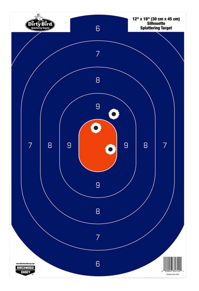 Birchwood Casey 35720 Dirty Bird Silhouette Tagboard Hanging Pistol 12" x 18" Blue/Orange White Impact Splatter 50 Per Pkg
