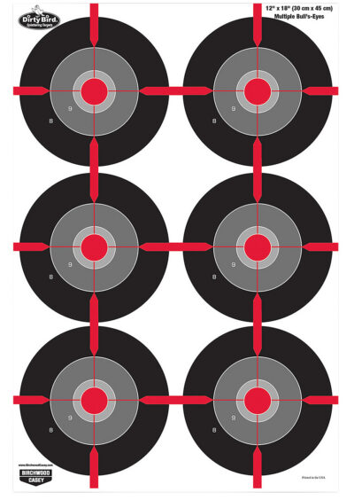 Birchwood Casey 35705 Dirty Bird  Multiple Bullseye Tagboard Hanging Pistol 12″ x 18″ Black/Red/Gray White Impact Splatter 8 Per Pkg