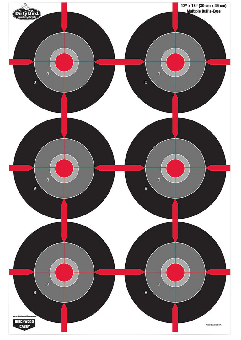 Birchwood Casey 35705 Dirty Bird Multiple Bullseye Tagboard Hanging Pistol 12" x 18" Black/Red/Gray White Impact Splatter 8 Per Pkg