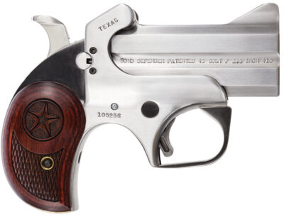 Bond Arms BATD Texas Defender 45 Colt (LC)/410 Gauge 2rd 3″ Barrel, Stainless Metal Finish, Rosewood Grip, Blade Front/Fixed Rear Sights, Manual Safety