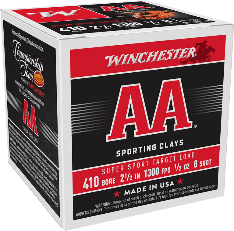 AA SPORTING CLAYS 410 BORE 2-1/2'' #8 SHOT SHOTGUN AMMO AA SPORTING CLAYS 410 BORE 2-1/2'' 1/2 OZ #8 SHOT 25/BOX