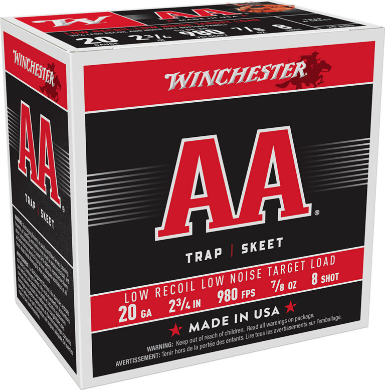 AA LOW RECOIL LOW NOISE 20 GAUGE 2-3/4'' #8 SHOT SHOTGUN AMMO AA LOW RECOIL LOW NOISE 20 GAUGE 2-3/4'' 7/8OZ #8 SHOT 25/BOX