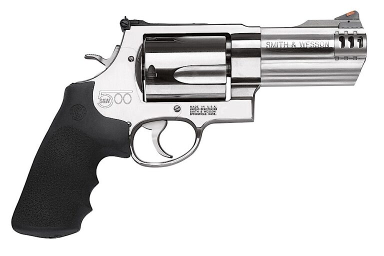 Smith & Wesson 163504 Model 500  X-Frame 500 S&W Mag Stainless      Steel 4" Compensated Barrel & 5rd Cylinder, Satin Stainless Steel   X-Frame, Includes Two Muzzle Brakes & Internal Lock