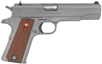 Colt Mfg O1911CSS38 1911 Government 38 Super 9+1 5″ Stainless National Match Barrel, Serrated Stainless Steel Slide & Frame w/Beavertail, Diamond Checkered Rosewood