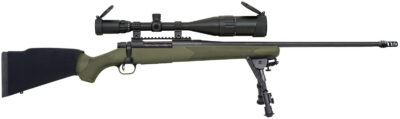 Mossberg 28122 Patriot Night Train 300 Win Mag Caliber with 3+1 Capacity, 24″ Barrel, Matte Blued Metal Finish, OD Green Stock Right Hand Includes 6-24x50mm Scope & Bipod