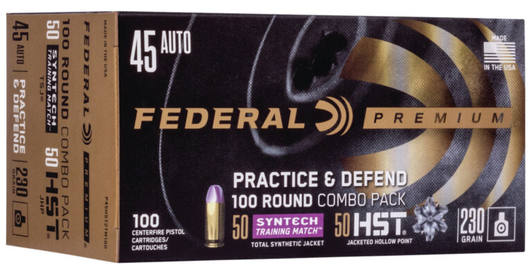 FEDERAL 45 AUTO 230GR PRACTICE & DEFEND HST/SYNTECH COMBO AMMO 100RD FEDERAL 45 AUTO 230GR PRACTICE & DEFEND HST/SYNTECH COMBO AMMO 100RD