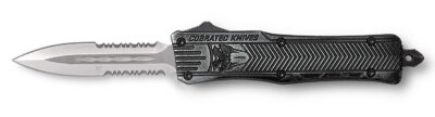 CobraTec Knives SSWCTK1SDAG2SS CTK-1  2.75″ OTF Part Serrated D2 Steel Blade/Stonewashed Aluminum Handle Features Glass Breaker Includes Pocket Clip