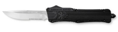 CobraTec Knives LBCTK1LDS CTK-1  Large 3.75″ OTF Drop Point Part Serrated D2 Steel Blade/ Black Aluminum Handle Features Glass Breaker Includes Pocket Clip