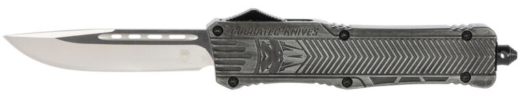 CobraTec Knives LSWCTK1LDNS CTK-1 Large 3.75" OTF Drop Point Plain D2 Steel Blade/ Stonewashed Aluminum Handle Features Glass Breaker Includes Pocket Clip