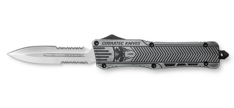 CobraTec Knives LSWCTK1LDG2SS CTK-1 Large 3.75" OTF Dagger Part Serrated D2 Steel Blade/ Stonewashed Aluminum Handle Features Glass Breaker Includes Pocket Clip