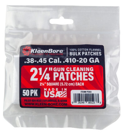KleenBore P203 Super Shooter  .38/ .45 Cal 20/.410 Gauge 2.25″ 100% Cotton Flannel 50 Per Pack