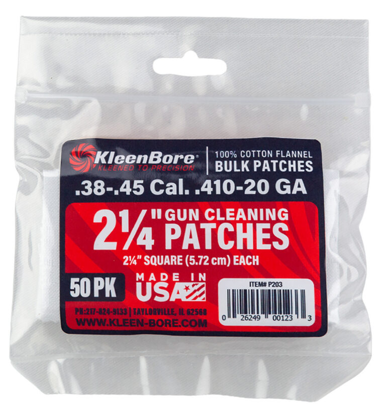 KleenBore P203 Super Shooter .38/ .45 Cal 20/.410 Gauge 2.25" 100% Cotton Flannel 50 Per Pack