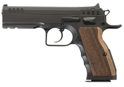 Tanfoglio IFG TFSTOCKI9SF Defiant Stock I 9mm Luger Caliber with 4.50″ Barrel, 16+1 Capacity, Overall Black Finish Steel, Picatinny Rail/Beavertail Short Frame, Serrated Slide & Wood Grip
