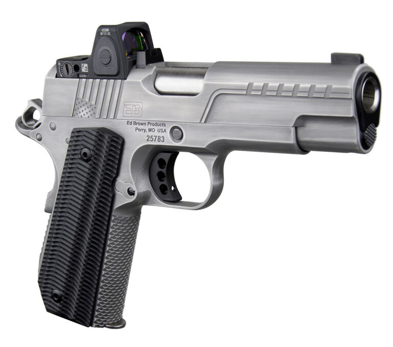 Ed Brown FX2SS FX2  45 ACP 7+1 4.25" Recessed Crown Barrel, Stainless Steel Engraved American Flag/Serrated Slide, Stainless Steel Frame, Trijicon RMRcc 3.25 MOA Sight