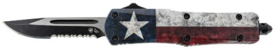 Templar Knife SCAP631 Gen II Captain Small 2.69″ OTF Drop Point Part Serrated Black Oxide Stonewashed 440C SS Blade, 4.31″ Red/White/Blue w/Star Aluminum Handle Glass Breaker