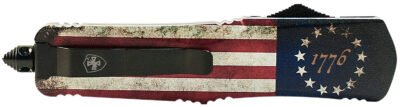 Templar Knife MBRF331 Gen II Betsy Ross Flag Slim 3.43″ OTF Drop Point Plain Black Oxide Stonewashed Black 440C SS Blade, 5.05″ Betsy Ross Flag Aluminum Handle Glass Breaker