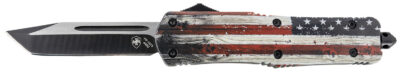 Templar Knife LWUS231 Gen II Wood US Flag Large 3.50″ OTF Tanto Plain Black Oxide Stonewashed 440C SS Blade, 5.25″ Painted Wood Grain US Flag Aluminum Handle, Glass Breaker