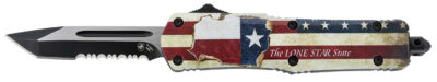 Templar Knife STX531 Gen II Texan Small 2.25″ OTF Tanto Part Serrated Black Oxide Stonewashed 440C SS Blade, 4.31″ Texas Flag Aluminum Handle, Glass Breaker