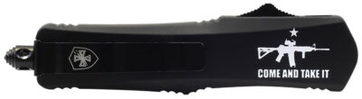 Templar Knife SAR15531 Gen II Come And Take It Small 2.69″ OTF Tanto Part Serrated Black Oxide 440C SS Blade, 4.31″ Black w/ “Come And Take It” AR-15 Gun Aluminum Handle, Glass Breaker