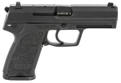 HK 81000309 USP V1 SA/DA 9mm Luger Caliber with 4.25″ Barrel, 10+1 Capacity, Overall Black Finish, Serrated Trigger Guard Frame, Serrated Steel Slide & Polymer Grip Includes 2 Mags