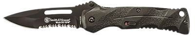 Smith & Wesson Knives SWBLOP2BSCP Black Ops  3.40″ Folding Drop Point Part Serrated 4034 SS Blade Black Includes Pocket Clip