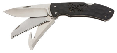 Browning 3220430 Primal Kodiak Slim 3.75″ Folding Drop Point/Gut Hook/Saw 8Cr13MoV SS Blade Black Polymer w/Rubber Overmold Handle Includes Nylon Belt Pouch