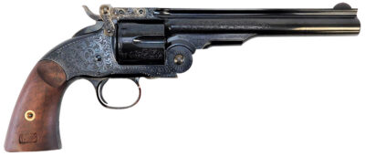 Taylors & Company 550644 Top Break Schofield 45 Colt (LC) 6rd 7″ Blued Engraved Steel Walnut Grip