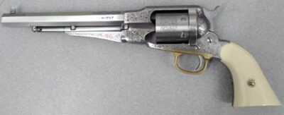 Taylors & Company 550763 1858 Remington Conversion 45 Colt (LC) Caliber with 8″ Barrel, 6rd Capacity Cylinder, Overall Nickel-Plated Engraved Finish Steel & 2-Piece Ivory Grip