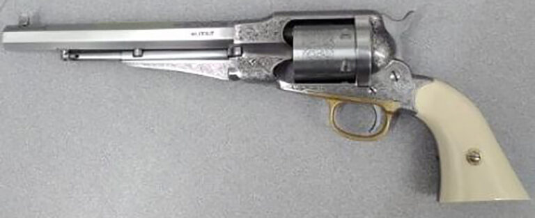 Taylors & Company 550763 1858 Remington Conversion 45 Colt (LC) Caliber with 8" Barrel, 6rd Capacity Cylinder, Overall Nickel-Plated Engraved Finish Steel & 2-Piece Ivory Grip