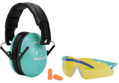 Walker’s GWPYWFM2GFPLTL Folding Muff Combo 23 dB Over the Head Folding Muff, Foam Ear Plugs, Shooting Glasses Black/Teal Polymer Fits Youth/Women